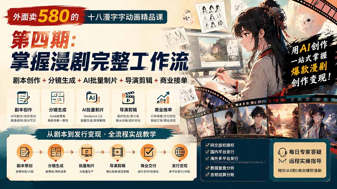（20075期）外面卖580的十八漫字字动画精品课-第四期：剧本创作+分镜生成+AI批量制片+导演剪辑+商业接单，掌握漫剧完整工作流-知创网