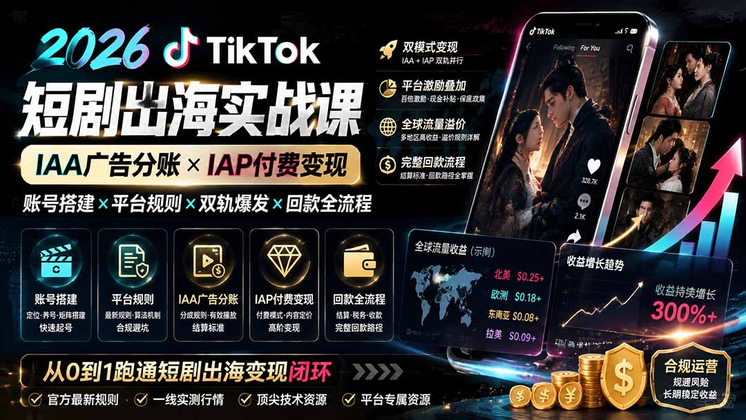 （19740期）2026TikTok短剧出海实战课：IAA广告分账×IAP付费变现×账号搭建×平台规则×双轨爆发×回款全流程-知创网