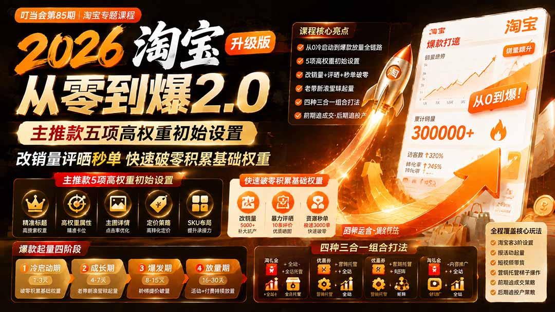 （19742期）2026淘宝从零到爆2.0第85期；主推款五项高权重初始设置，改销量评晒秒单快速破零积累基础权重-知创网