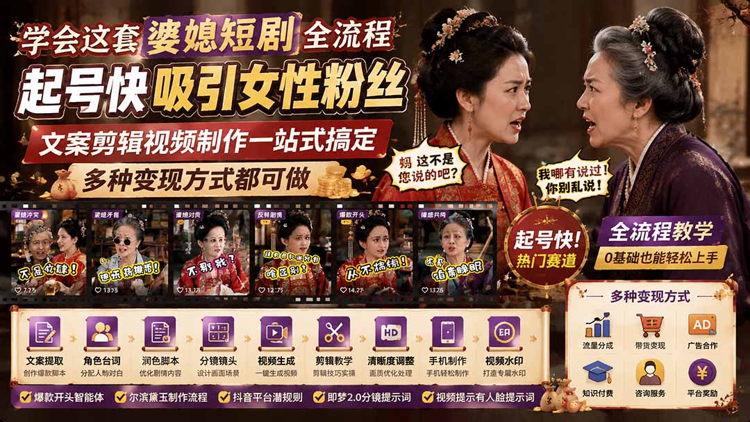 （19704期）学会这套婆媳短剧全流程：起号快吸引女性粉丝，文案剪辑视频制作一站式搞定，多种变现方式都可做-知创网