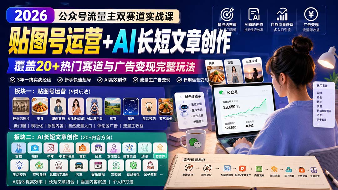 （20153期）公众号流量主双赛道实战课：贴图号运营+AI长短文章创作，覆盖20+热门赛道与广告变现完整玩法-知创网