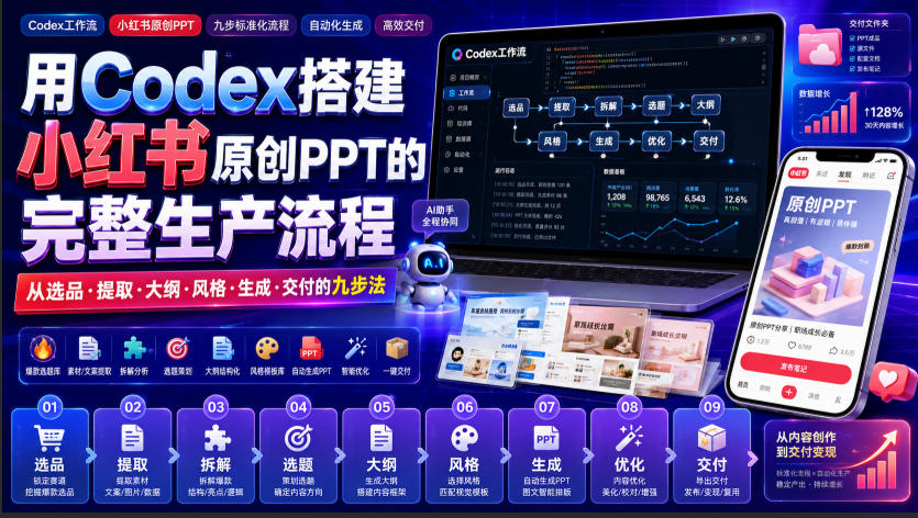 用Codex搭建小红书原创PPT的完整生产流程，从选品·提取·大纲·风格·生成·交付的九步法-知创网