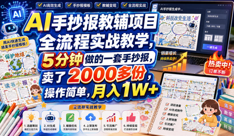 AI手抄报教辅项目全流程实战教学，5分钟做的一套手抄报，卖了2000多份，操作简单，月入1W+-知创网