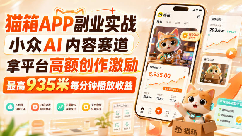 猫箱APP副业实战,小众AI内容赛道,拿平台高额创作激励,最高935米每分钟播放收益-知创网