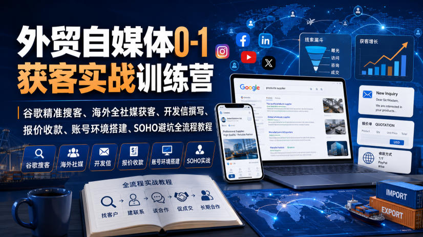 外贸自媒体0-1获客实战训练营｜谷歌精准搜客、海外全社媒获客、开发信撰写、报价收款、账号环境搭建、SOHO避坑全流程教程-知创网