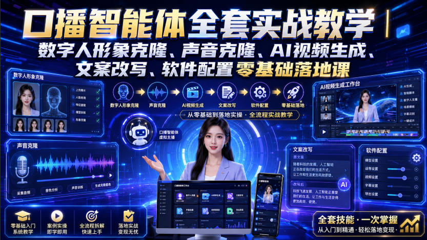 口播智能体全套实战教学｜数字人形象克隆、声音克隆、AI视频生成、文案改写、软件配置零基础落地课-知创网