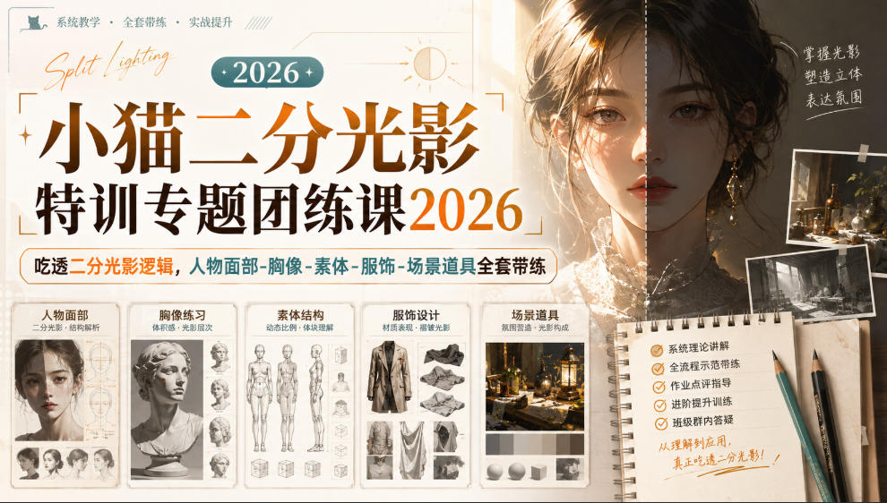 小猫二分光影特训专题团练课2026｜吃透二分光影逻辑，人物面部‑胸像‑素体‑服饰‑场景道具全套带练，高清画质附赠课件与笔刷-知创网