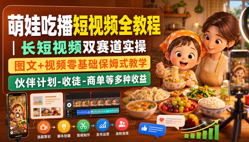 萌娃吃播短视频全教程｜长短视频双赛道实操，图文+视频零基础保姆式教学，伙伴计划-收徒-商单等多种变现方式-知创网