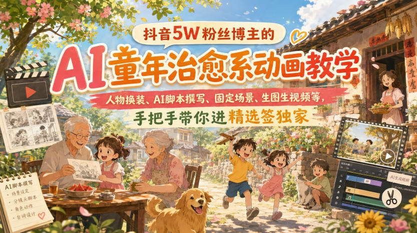 抖音5W粉丝博主的AI童年治愈系动画教学，人物换装、AI脚本撰写、固定场景、生图生视频等，手把手带你进精选签独家-知创网