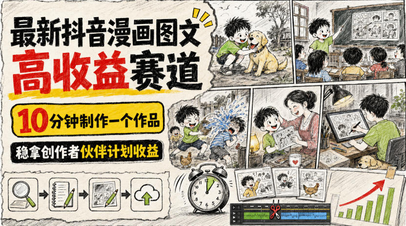 最新抖音漫画图文高收益赛道，10分钟制作一个作品，稳拿创作者伙伴计划收益-知创网