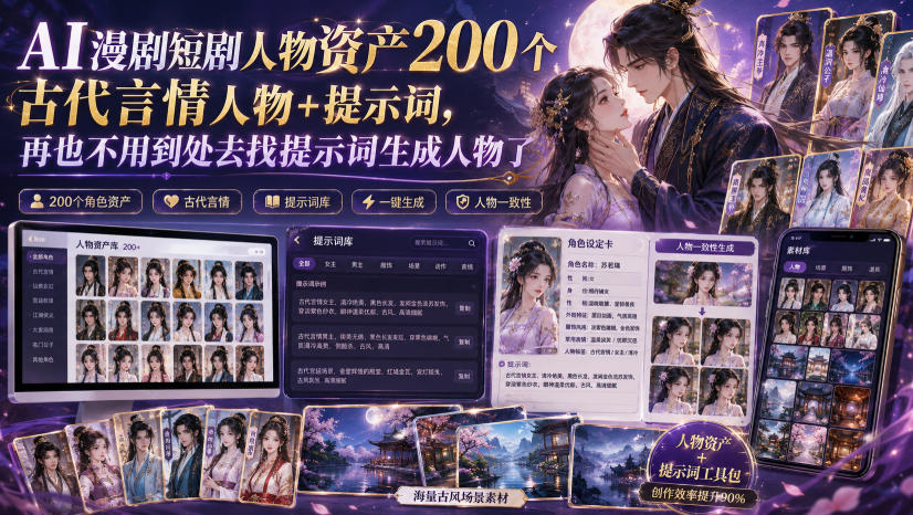 AI漫剧短剧人物资产200个古代言情人物+提示词,再也不用到处去找提示词生成人物了-知创网