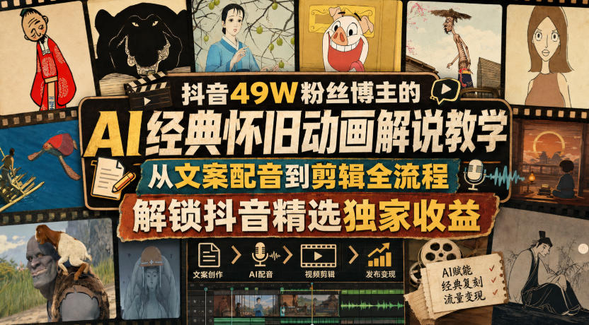 抖音49W粉丝博主的AI经典怀旧动画解说教学，从文案配音到剪辑全流程，解锁抖音精选独家收益-知创网