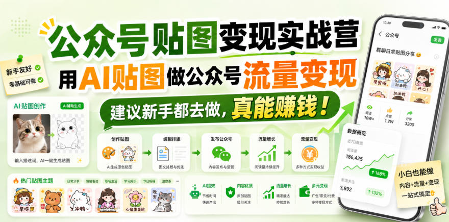 公众号贴图变现实战营，用AI贴图做公众号流量变现，建议新手都去做，真能賺钱！-知创网