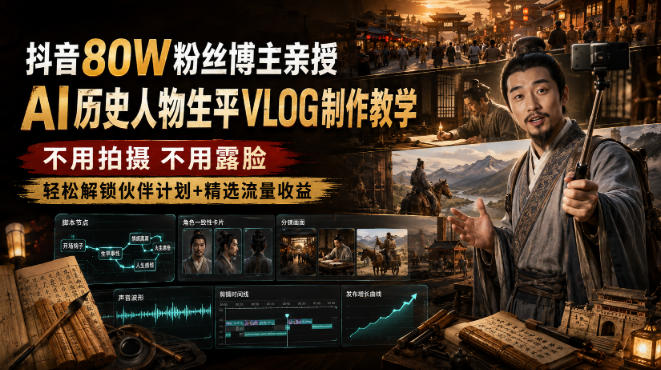 抖音80W粉丝博主的AI历史人物生平VLOG教学，不用拍摄不用露脸，AI帮你搞定，轻松解锁伙伴计划+精选收益-知创网