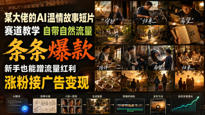 某大佬的AI温情故事短片赛道教学,自带自然流量,条条爆款,新手也能蹭流量红利,涨粉接广告变现-知创网