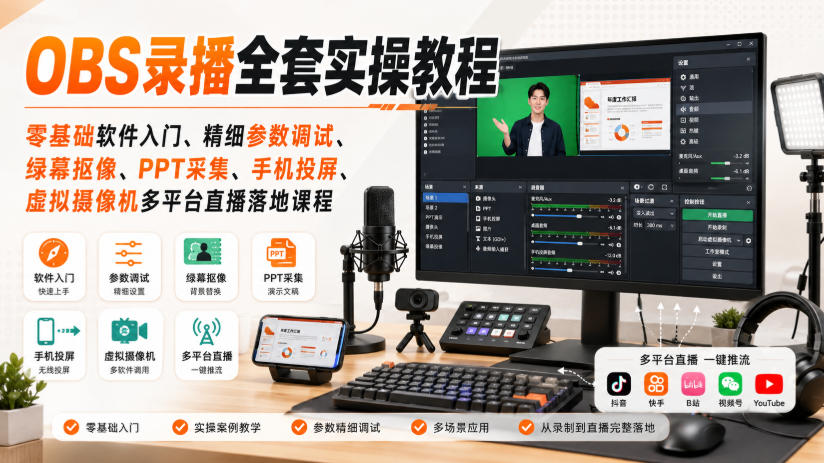 OBS录播全套实操教程｜零基础软件入门、精细参数调试、绿幕抠像、手机投屏、虚拟摄像机多平台直播落地课程-知创网