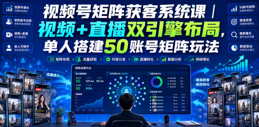 视频号矩阵获客系统课|视频+直播双引擎布局,单人搭建50账号矩阵玩法,流量入池、搜索占位、全域引流沉淀私域全流程教学-知创网
