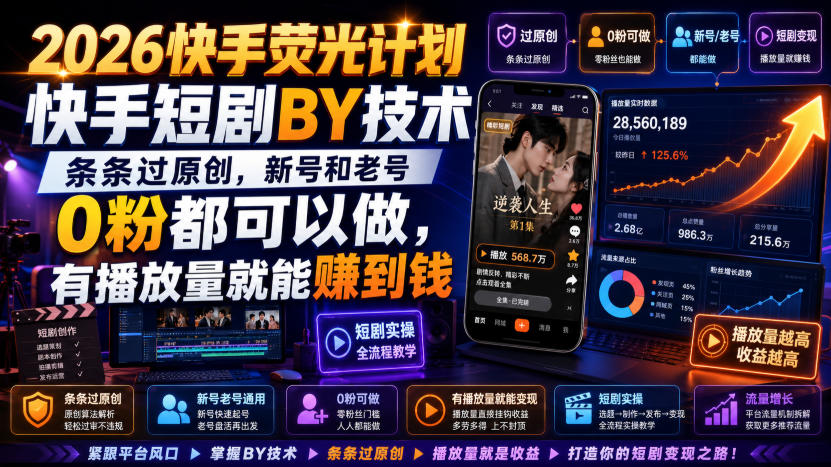 2026快手荧光计划,快手短剧搬运技术,条条过原创,新号和老号0粉都可以做,有播放量就能賺到钱-知创网