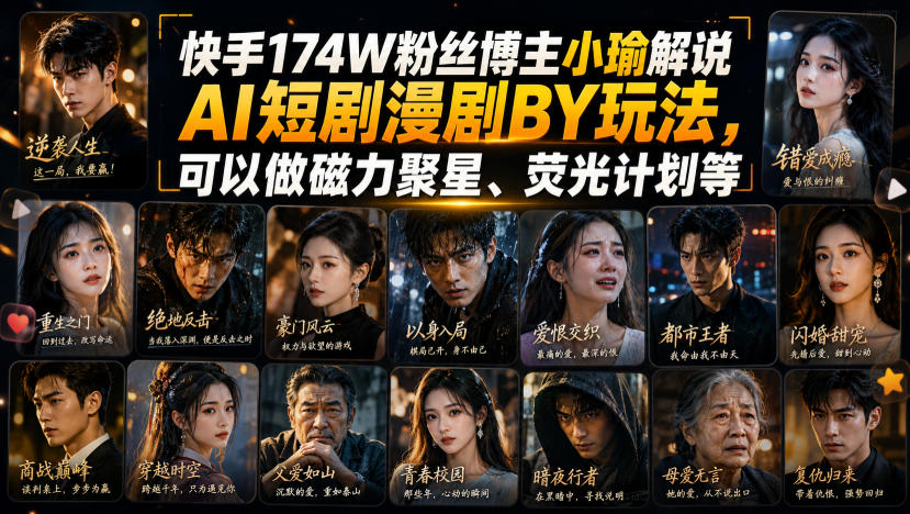 快手174W粉丝博主小瑜解说AI短剧漫剧搬运玩法,可以做磁力聚星、荧光计划等-知创网