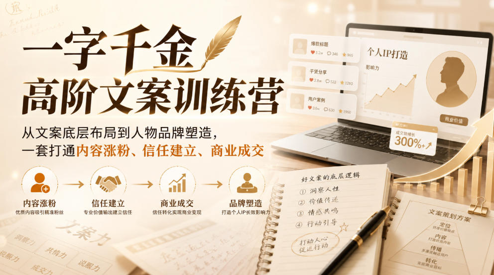 一字千金高阶文案训练营，从文案底层布局到人物品牌塑造，一套打通内容涨粉、信任建立、商业成交-知创网