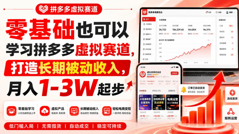 零基础也可以学习拼多多虚拟赛道，打造长期被动收入，月入1-3W起步-知创网