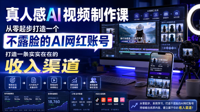 真人感AI视频制作课，从零起步打造一个不露脸的AI网红账号，打造一条实实在在的收入渠道【原创双语字幕】-知创网