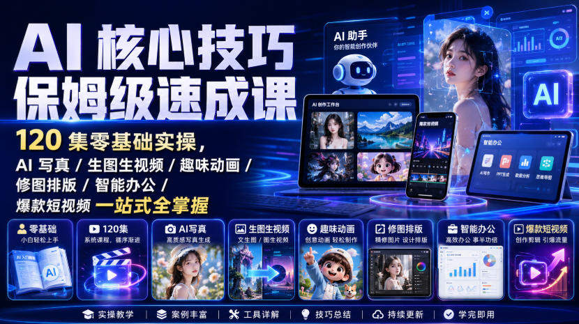 AI核心技巧保姆级速成课｜120集零基础实操，AI写真/生图生视频/趣味动画/修图排版/智能办公/爆款短视频一站式全掌握-知创网
