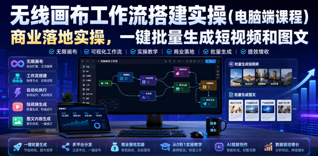无线画布工作流搭建实操（电脑端课程），商业落地实操，一键批量生成短视频和图文-知创网
