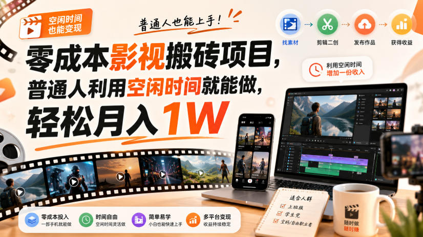 零成本影视搬砖项目，普通人利用空闲时间就能做，轻松月入1W【揭秘】-知创网