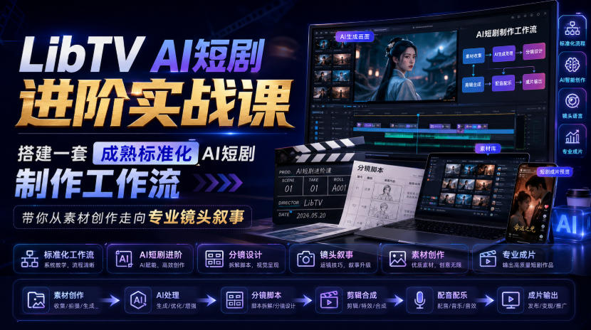 LibTV AI短剧进阶实战课，搭建一套成熟标准化AI短剧制作工作流，带你从素材创作走向专业镜头叙事-知创网