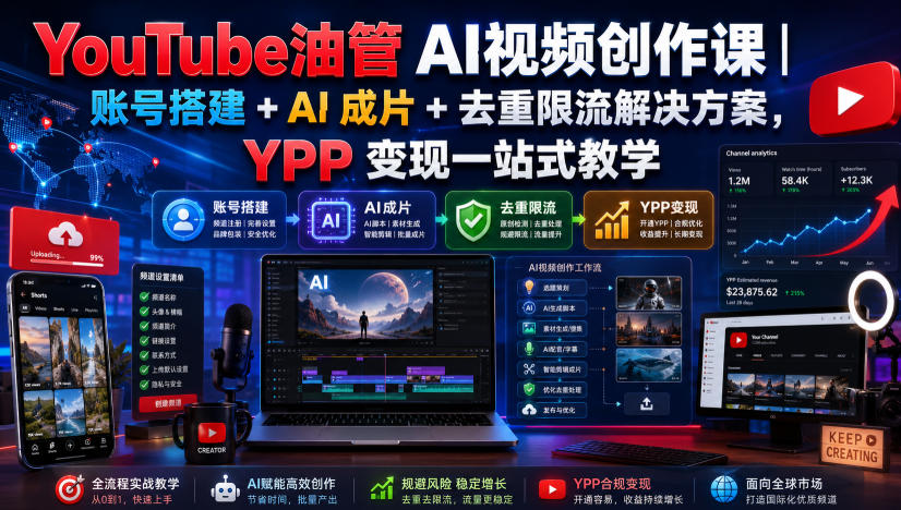 YouTube油管AI视频创作课｜账号搭建+AI成片+去重限流解决方案，YPP变现一站式教学-知创网