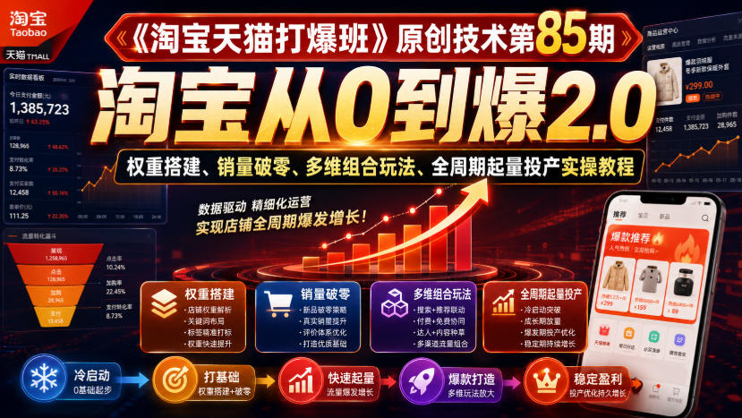 《淘宝天猫打爆班》原创技术第85期，淘宝从0到爆2.0，权重搭建、销量破零、多维组合玩法、全周期起量投产实操教程-知创网