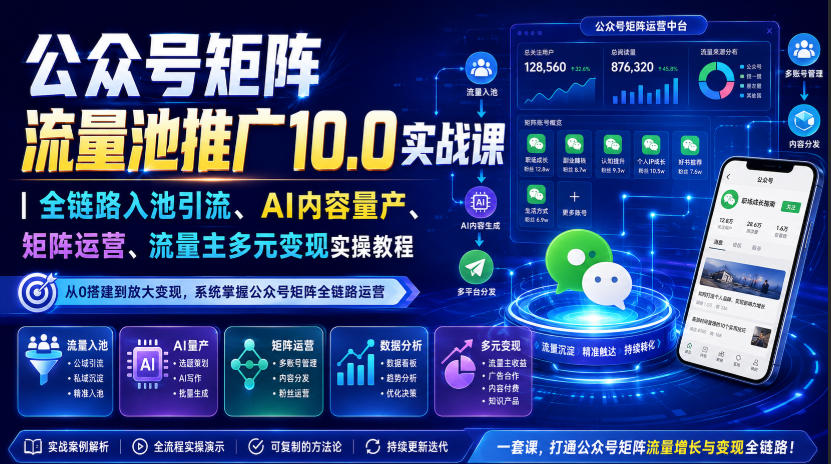 公众号矩阵流量池推广10.0实战课｜全链路入池引流、AI内容量产、矩阵运营、流量主多元变现实操教程-知创网