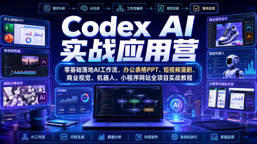 Codex AI实战应用营|零基础落地AI工作流,办公表格PPT、短视频漫剧、商业视觉、机器人、小程序网站全项目实战教程-知创网