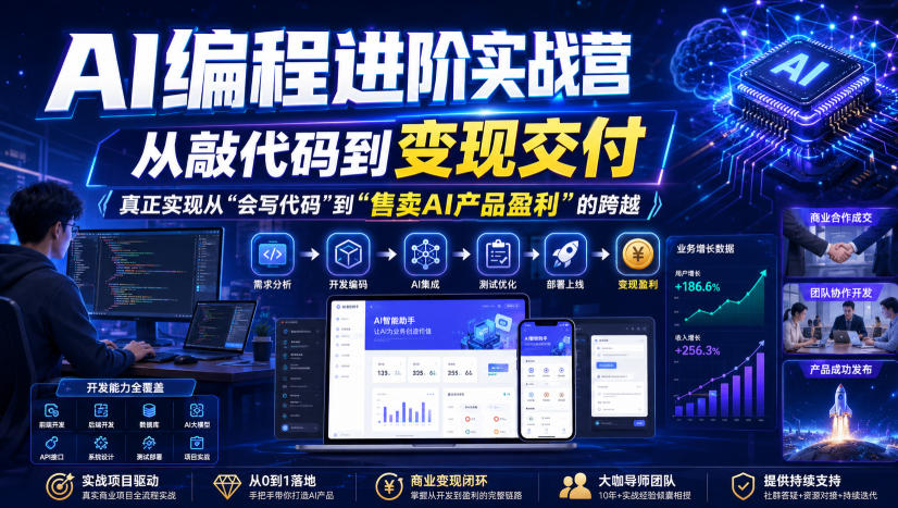 AI编程进阶实战营，从敲代码到变现交付，，真正实现从“会写代码”到“售卖AI产品盈利”的跨越-知创网