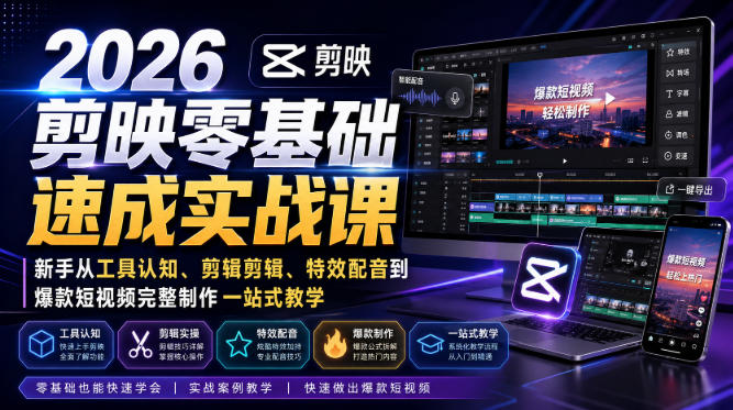 2026剪映零基础速成实战课|新手从工具认知、剪辑剪辑、特效配音到爆款短视频完整制作一站式教学-知创网
