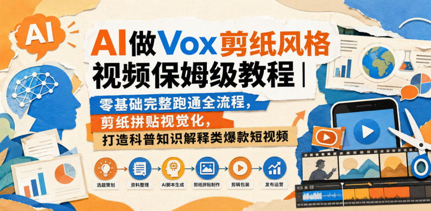AI做Vox剪纸风格视频保姆级教程|零基础完整跑通全流程,剪纸拼贴视觉化,打造科普知识解释类爆款短视频-知创网
