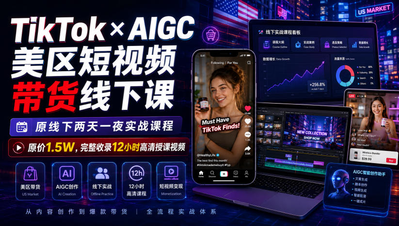TikTok×AIGC美区短视频带货线下课，原线下两天一夜实战课程，原价1.5W，完整收录12小时高清授课视频-知创网