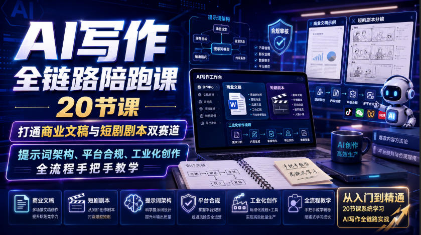 AI写作全链路陪跑课｜20节课打通商业文稿与短剧剧本双赛道，提示词架构、平台合规、工业化创作全流程手把手教学-知创网