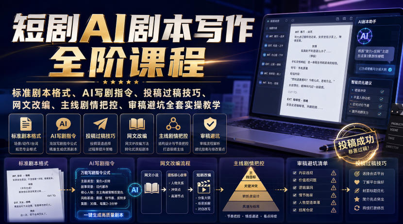 短剧AI剧本写作全阶课程｜标准剧本格式、AI写剧指令、投稿过稿技巧、网文改编、主线剧情把控、审稿避坑全套实操教学-知创网