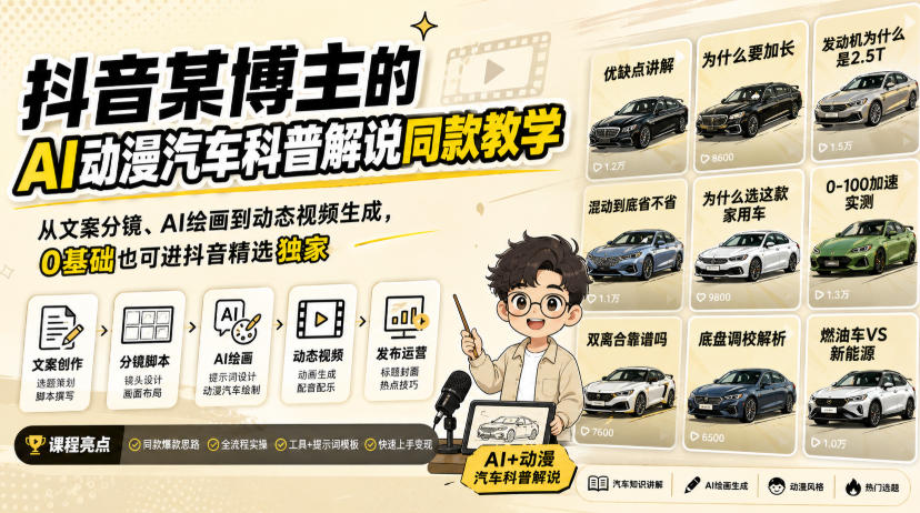 抖音某博主的AI动漫汽车科普解说同款教学，从文案分镜、AI绘画到动态视频生成，0基础解锁抖音精选独家收益-知创网