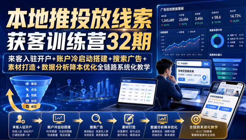 本地推投放线索获客训练营32期｜来客入驻开户+账户冷启动搭建+搜索广告+素材打造+数据分析降本优化全链路系统化教学（8月全新课程）-知创网