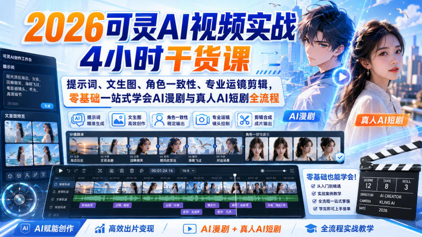 2026可灵AI视频实战4小时干货课|提示词、文生图、角色一致性、专业运镜剪辑,零基础一站式学会AI漫剧与真人AI短剧全流程-知创网