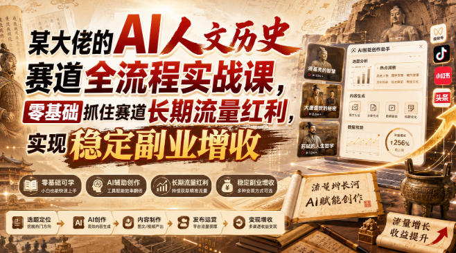 某大佬的AI人文历史赛道全流程实战课，零基础抓住赛道长期流量红利，实现稳定副业增收-知创网