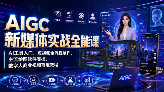 AIGC新媒体实战全能课|AI工具入门、短视频全流程制作、主流绘图软件实操、数字人商业视频落地教程-知创网
