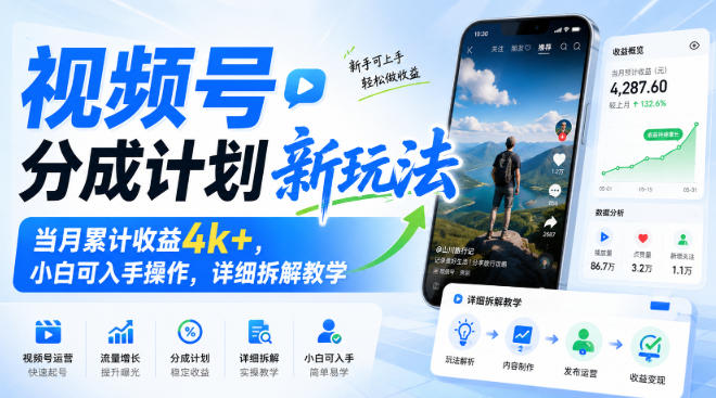 视频号分成计划新玩法,当月累计收益4k+,小白可入手操作,详细拆解教学-知创网