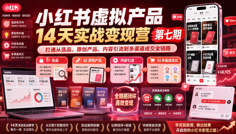 小红书虚拟产品14天实战变现营第七期，打通从选品、原创产品、内容引流到多渠道成交全链路-知创网