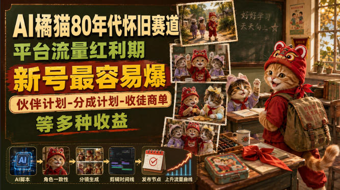 AI橘猫80年代怀旧赛道,平台流量红利期,新号最容易爆,伙伴计划-分成计划-收徒商单等多种收益-知创网