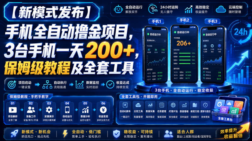 【新模式发布】手机全自动撸金项目，3台手机一天200+，保姆级教程及全套工具【揭秘】-知创网