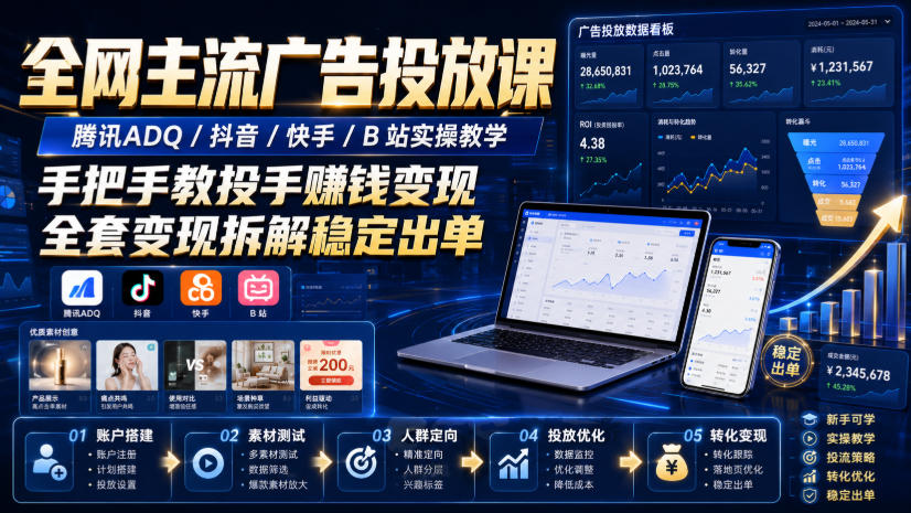 全网主流广告投放课，腾讯ADQ / 抖音 / 快手 / B 站实操教学，手把手教投手赚钱变现，全套变现拆解稳定出单-知创网